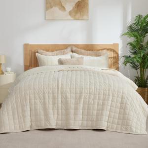BEDELITE Velvet Quilt Set King Size - Luxury Velvet Comforter Bedding Set 3 Pieces, Soft Cozy Cream White Oversized Bedspread Coverlet for All Seasons with 2 Pillow Shams