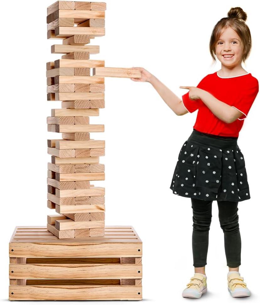 SWOOC Games - Premium Giant Tower Game | 60 Blocks + Storage Crate/Outdoor Table | Stacks up to 5ft | Jumbo Yard Games for Adults and Family | Giant Outdoor Set | Big Backyard Fun | Large Lawn Size