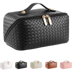 Large Capacity Travel Cosmetic Bag - Portable Makeup Bags for Women Waterproof PU Leather Checkered Makeup Organizer Bag with Dividers and Handle,Toiletry Bag for Cosmetics (Medium, black woven)