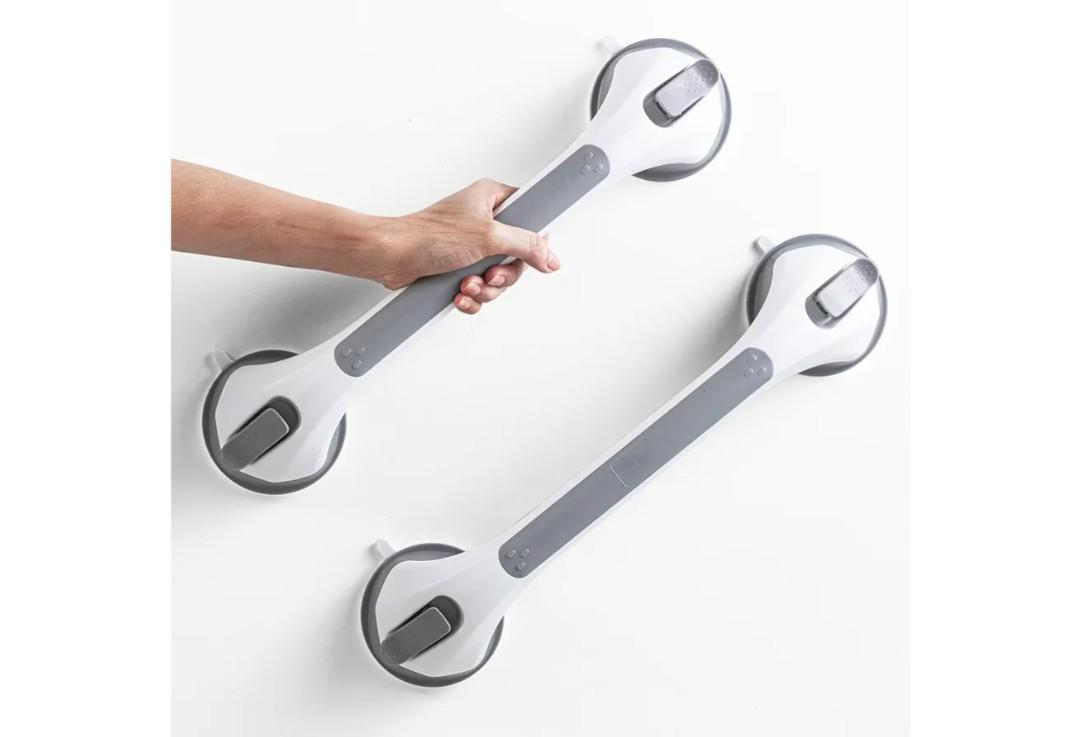 LEVERLOC 2 Pack Shower Grab Bars for Bathtubs and Showers, Easy to Install Suction Shower Handles for Bathroom Removable Handrails for Seniors Elderly Heavy Duty Safety Grip Waterproof Drill Free, 16.8” 2 Set, Gray