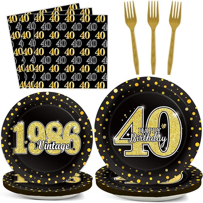 ZOIIWA 96PCS 40th Theme Birthday Party Tableware Vintage 1986 Party Supplies 40 Year Old Birthday Decorations Plates Napkins Forks Black and Gold Dinnerware Favors for Men or Women
