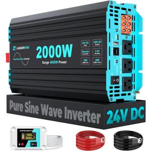 2000 Watt Pure Sine Wave Inverter, 24V DC to 120V AC Inverters for RV, Truck, Solar, Home, Power Inverter with 3 AC Outlet, 30W USB-C, 5V 3.1A USB, Hardwire Port, Remote Control, Surge 4000W