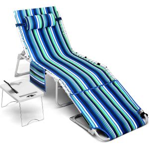 3-in-1 Beach Chair Face Holes, Lounge Chair Outdoor with Folding Side Table, 5-Position Recliner, Lay Flat, Removable Pillow, Heavy Duty, Max 330lbs, Poolside, Patio, Camping, Backyard Striped Blue