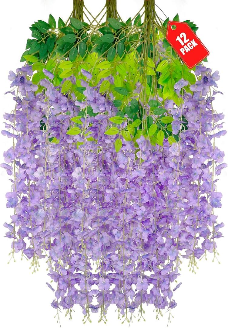12 Pack Light Purple Wisteria Hanging Flowers, 3.77 Ft Fake Hanging Flowers, Artificial Wisteria Garland Vines for Wedding Room Backdrop Outdoor Patio Garden Decoration