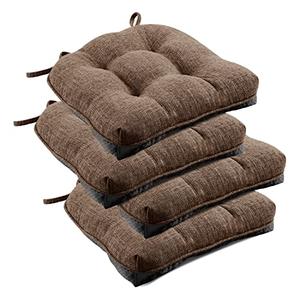 downluxe Indoor Chair Cushions for Dining Chairs, Tufted Overstuffed Textured Foam Kitchen Chair Pads with Ties and Non-Slip Backing, 15.5" x 15.5" x 4", Brown, 4 Pack