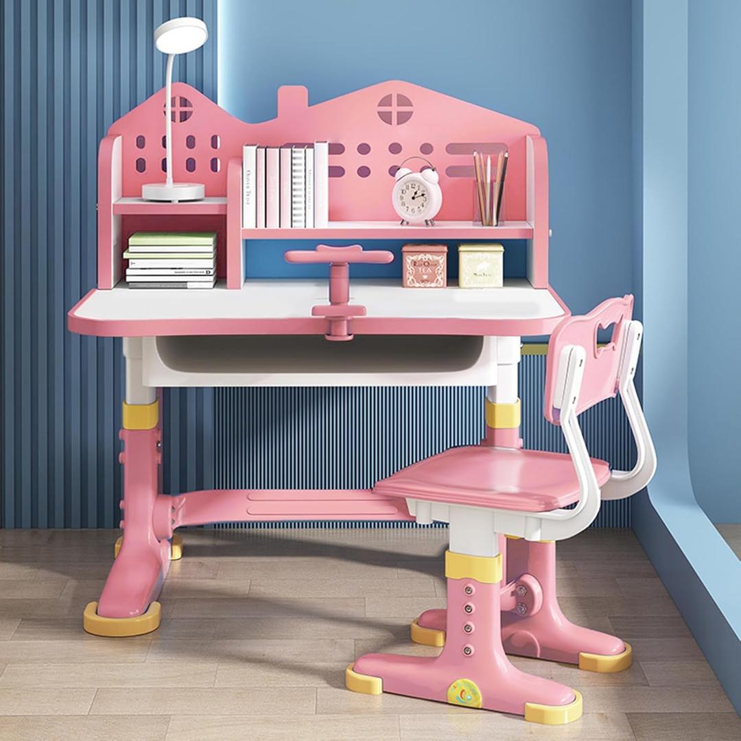Kids Desk and Chair Set, Height Adjustable Children Study Desk, Golden Distance Preventing Myopia Design, Children Study Desk with Spacious Storage Drawer for Girls School Home Study Tool (Pink-1)