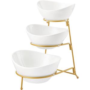 HBlife 3 Tier Serving Stand Oval Serving Bowl with Metal Rack, Ceramic Serving Dishes Chip and Dip Serving Set, Food Display Dessert Appetizer Candy Bowl, Tied Serving Trays for Parties, Gold