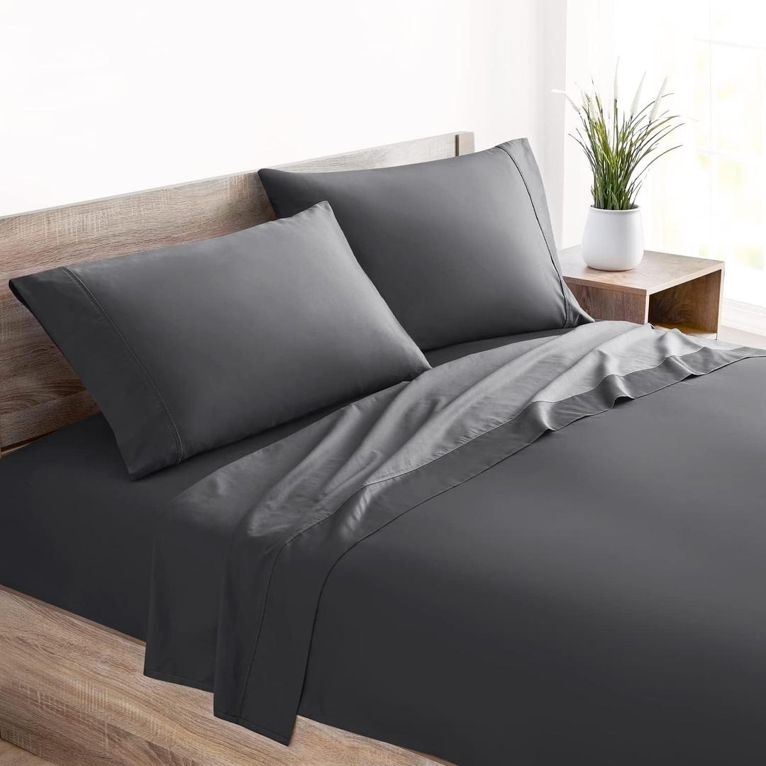 Mellanni 400 Thread Count Cotton Sateen Bedding Set - 4 Piece Bed Sheets Set - Fits Mattresses up to 16" Deep - Cooling Sheet for Hot Sleepers (King, Gray)