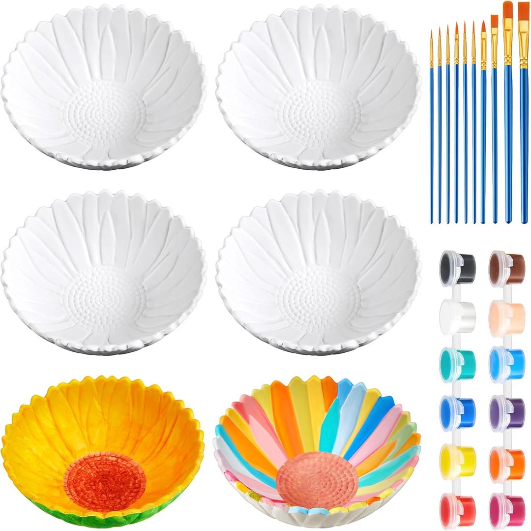 4 Set Paint Your Own Sunflower Bowl Keepsake DIY Ceramics to Paint Paintable Bowl Unpainted Bisque Painting for Adult Craft Projects