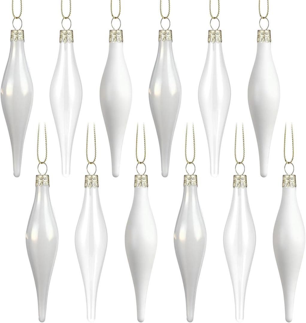 12 Pcs Glass Teardrop Christmas Ornaments 4.72 Inch Luxury Christmas Ornaments Set Matte, Glossy & Transparent Teardrop Glass Baubles, Design for Xmas Tree Decorations Holiday(White)
