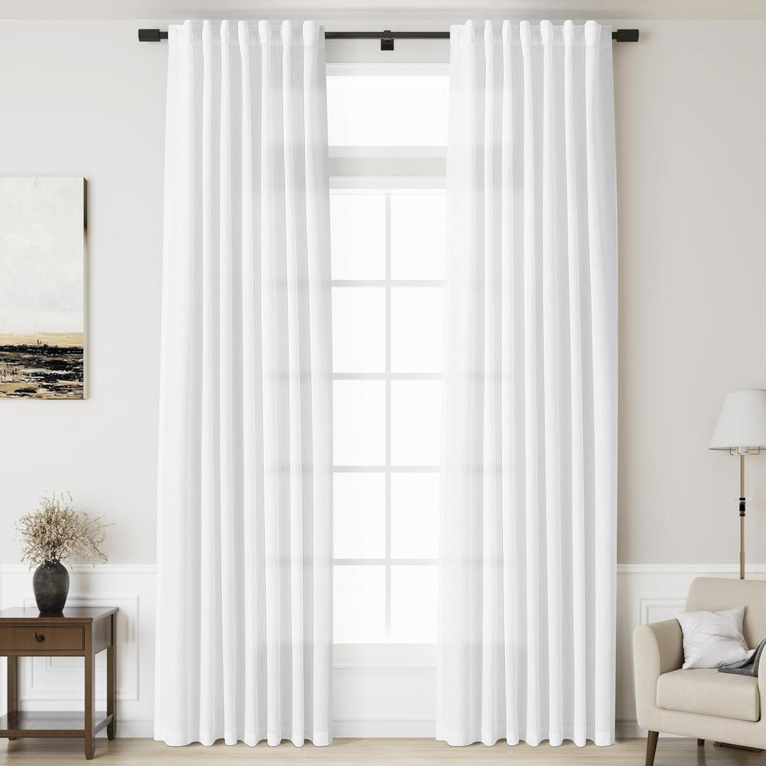 Linen White Curtains 132 inches Long for Living Room Back Tab Light Filtering Semi Sheer White Drapes Extra Long High Ceiling Curtains for Large Windows Patio Sliding Door Bedroom 11 Foot