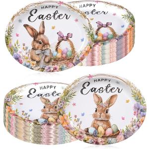 50 Pcs Easter Party Supplies Oval Paper Plates Set, Bunny Rabbit Large Disposable Party Dinner Plates Bunny Egg Flowers Tableware for Spring Easter Birthday Table Decorations Party Supplies
