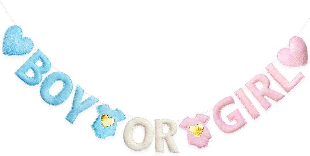 Pink Blue Gender Reveal Decorations Pre-Strung Handmade Felt Boy or Girl Sign Baby Clothes Heart Banner for He or She Welcome Baby Shower Party Nursery Home Fireplace Mantle Room Decor