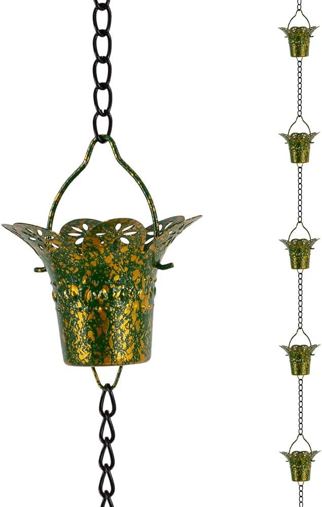 10ft Rain Chains for Outside, 12-Cup Rain Chain Replacement Downspout for Gutters,Eaves, Drainage, Adjustable Length(Yellow & Green)