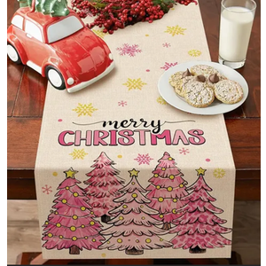 Croar Merry Christmas Tree Pink Dining Table Runner, Xmas Pine Trees Gold Snowflake Burlap Kitchen Decoration, Winter Holiday Indoor Outdoor Home Decor Party Supply 13 x 72 Inches, Pack Of 2
