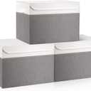 Bagnizer Large 17" 42 Quarts Collapsible Stackable Storage Bins with Lids [3-Pack] Foldable Fabric Linen Storage Boxes Cube, Closet Organizer Baskets with Label (16.7 x 12 x 12, Gray & White)