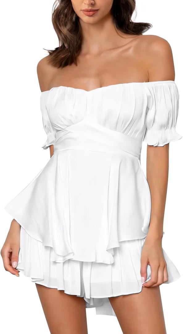 Off the Shoulder Rompers for Women Dressy Short/Long Sleeve Romper Ruffle Layer Back Tie Mini Short Jumpsuits (X-Large)