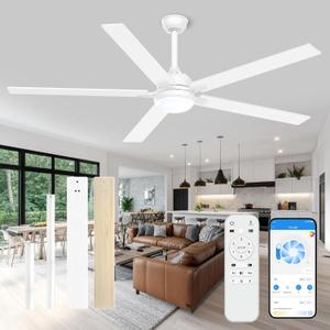 72 Inch Ceiling Fans with Lights and Remote&App- Large Outdoor Ceiling Fan Quiet DC Motor Dimmable 6 Speeds Timing Reversible Modern Industrial Ceiling Fan for Living Room Patio Indoor Outdoor-White