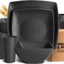 Teivio 16-piece Plastic Wheat Straw Square Dinnerware Set for 4, Unbreakable Dinner Plates, Salad Plates, Snack Bowls, Tumblers 13.5 oz, Dishwasher Safe, Black