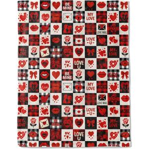 Valentines Day Decorative Throw Blanket Gifts for Mom, Wife, Buffalo Plaid Red Red Heart Lip Rose Love Letter Decoration Fleece Blankets for Couch Bed Sofa, Romantic Decor, 50x60 Inch