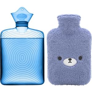 samply Hot Water Bottle with Cute Fleece Cover, Hot Water Bag for Hot and Cold Compress, Hand Feet Warmer, Neck and Shoulder Pain Relief, Navy Blue Bear