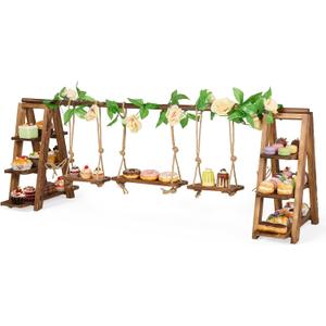 3 Tier Wooden Cupcake Stand with Swing & Flower Decor, Dessert Table Display Set with Removable Trays for Cake Fruit Snack Bread, Rustic Foldable Ladder Stand for Party, Birthday, Wedding & Events