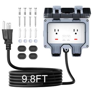 Outdoor Outlet Box with 9.8FT Cord - IP66 Waterproof Electrical Socket, Lockable Cover w/Switch & LED, NEMA 5-15R Dual Plug - for Garden, Yard, Pool, RV, Sports Field (9.8FT)