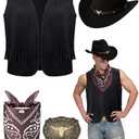 Toulite 4 Pcs Western Outfits for Men Cowboy Tassel Vest Hat Belt Buckle Paisley Bandana for Halloween Cosplay (Black, Black, Coffee,Small)
