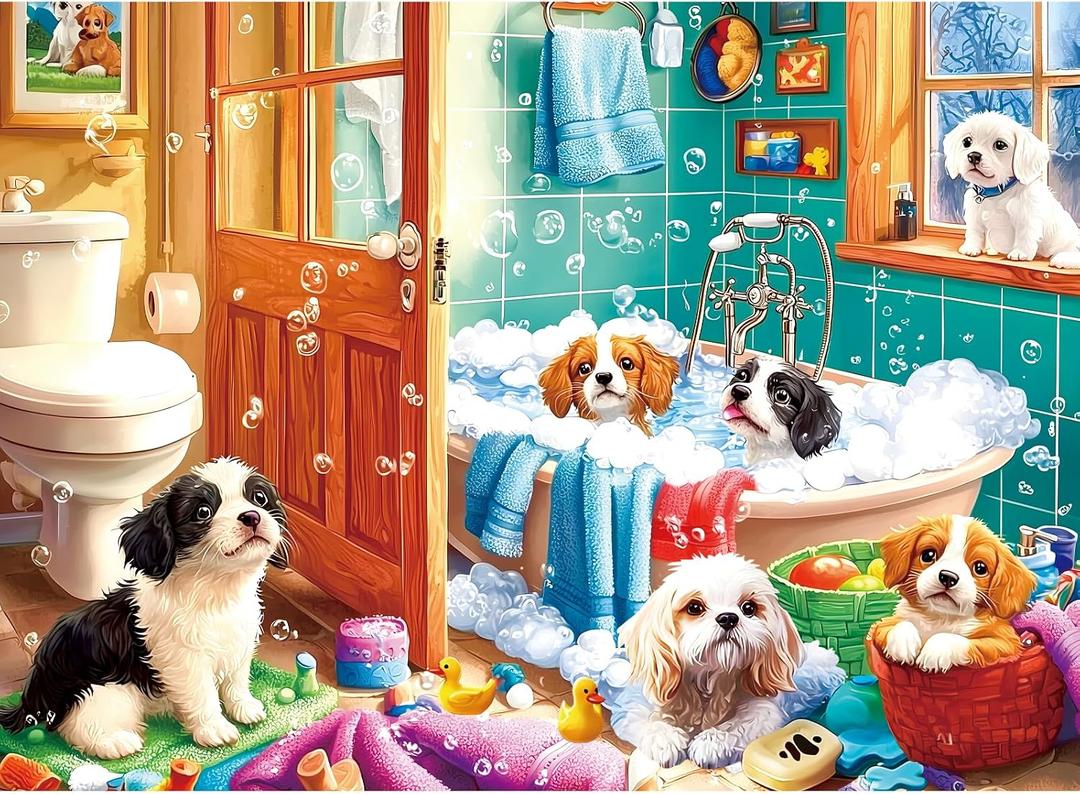 300 Pieces Puzzles for Adults,Bath Puppy Puzzle for Adults,Large Puzzle Piece for Seniors,Cute Dogs Themed Jigsaw Puzzles for Kids Ages 8-10,Puzzles for Family Game Nights, 20.5 x 15 in
