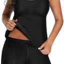 Tempt Me Black Two Piece Tankini Swimsuits for Women Tummy Control Bathing Suit with Shorts Athletic Swimwear L