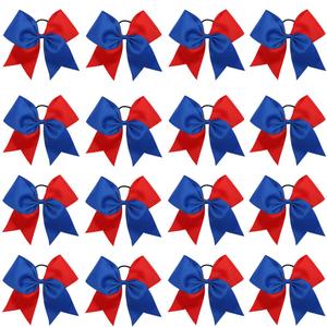 16PCS 8" Large Cheer Hair Bows Ponytail Holder Elastic Band Handmade for Cheerleading Teen Girls College Sports (Royal blue/Red, 1 Count (Pack of 16))