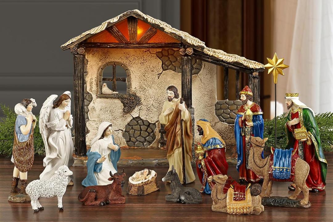 Fovths 16 Pieces Lighted Nativity Sets for Christmas Indoor Deluxe Edition Lighted Stable Resin Nativity Set Religious Nativity Manger Tabletop Resin Figures Holiday Tabletop Decor Set -7 inches Scale