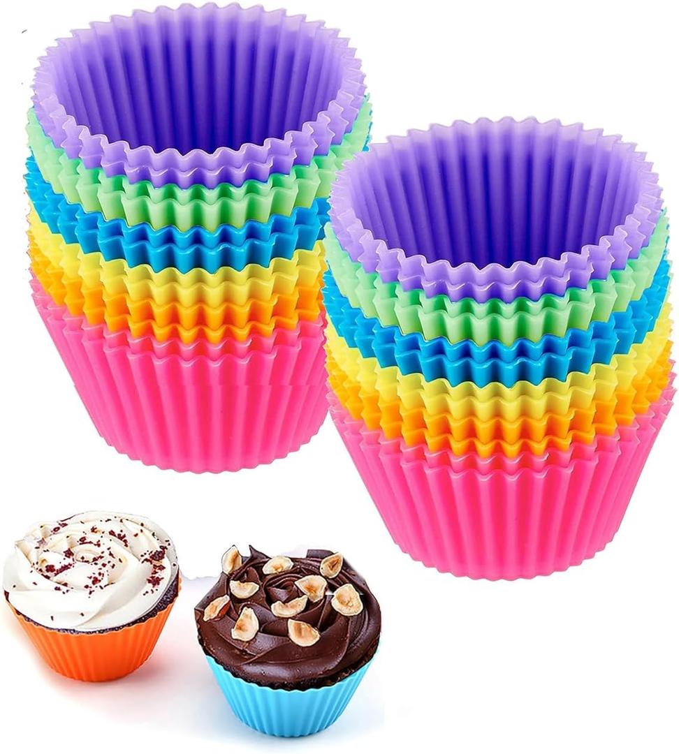Reusable Silicone Cupcake Baking Cups 24 Pack, 2.75 inch Cups, & Non-stick Muffin Liners for Party Halloween Christmas, 6 Rainbow Colors (Pack of 24, Multicolor)