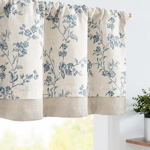 Jinchan Linen Kitchen Valance for Windows 16 Inch Floral Double Layer Valance Living Room Laundry Room Darkening Rustic Cottagecore Farmhouse Flower Window Treatment 2 Panels Blue on Linen