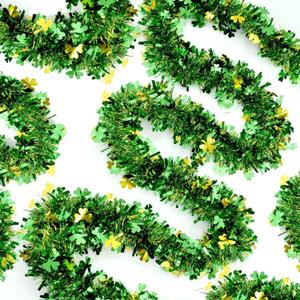 Gold Green Shamrock Tinsel Garland 33FT | Shiny Metallic Streamer Twist for Hanging St Christmas Decorations, Indoor Outdoor