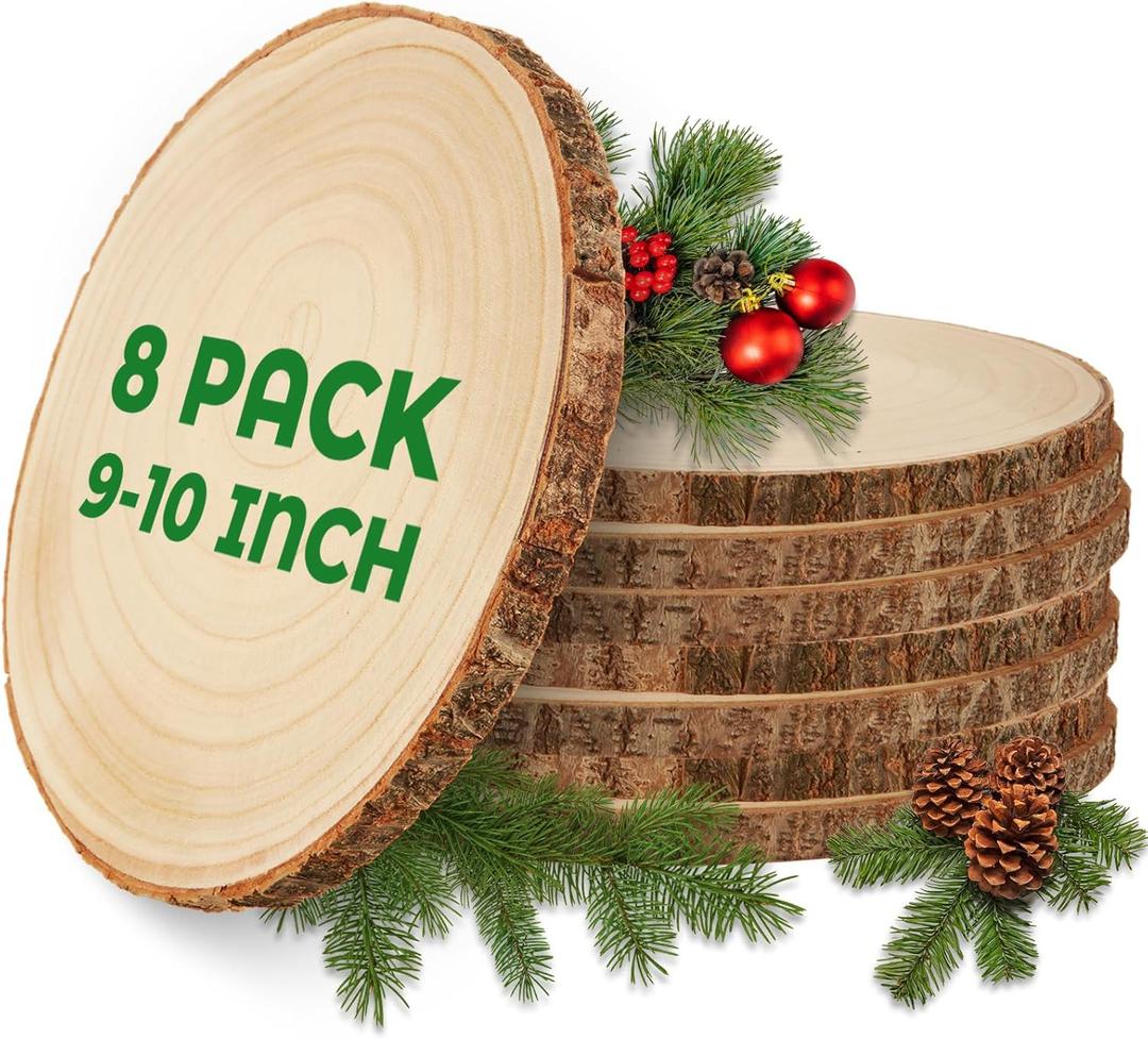 8 Pack 9-10 inch Unfinished Wood Slices for Centerpieces, Large Wood Rounds for Tables Decor, Round Wooden Slabs Wood Slice Ornaments for DIY Crafts and Wedding Decor