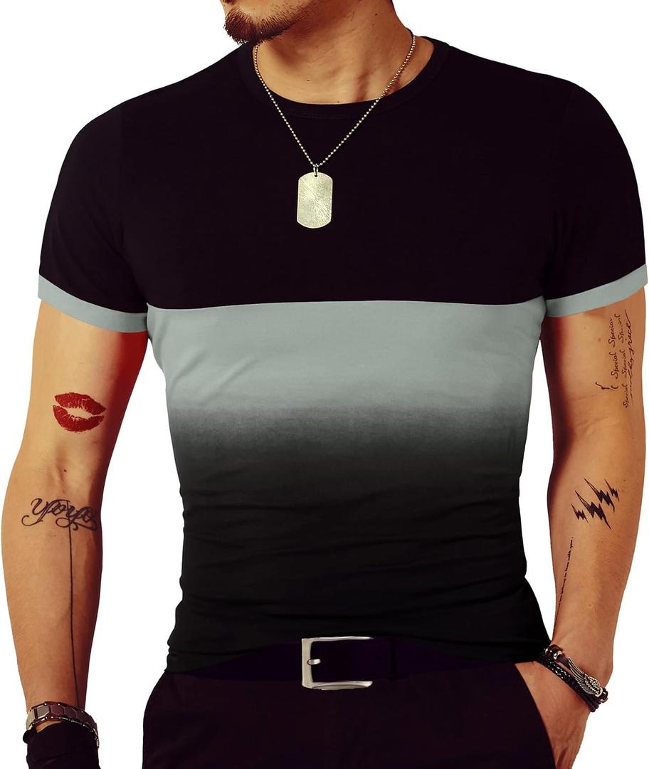 LOGEEYAR Mens Slim Fit T-Shirt Contrast Color Tee Gradient Stitching Short-Sleeve Cotton Tops (XX-Large, Gray)