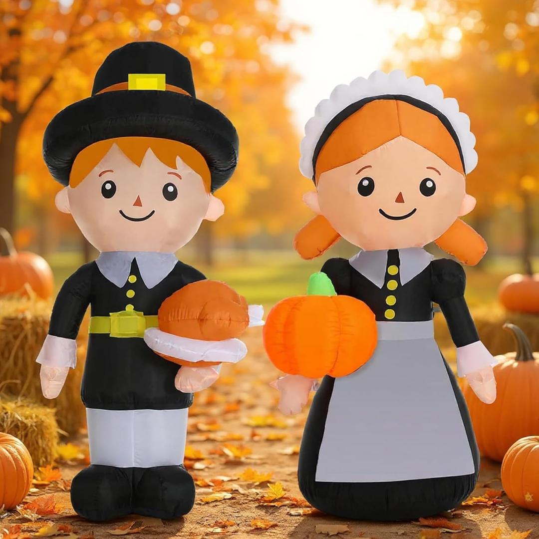 Leyndo 6.3 ft Thanksgiving Pilgrim Inflatable Decoration, 2 Pcs Fall Pilgrim Blow up Outdoor Decoration with LED Lights Harvest Man and Woman for Thanksgiving Day Party Lawn Yard Garden House Decor