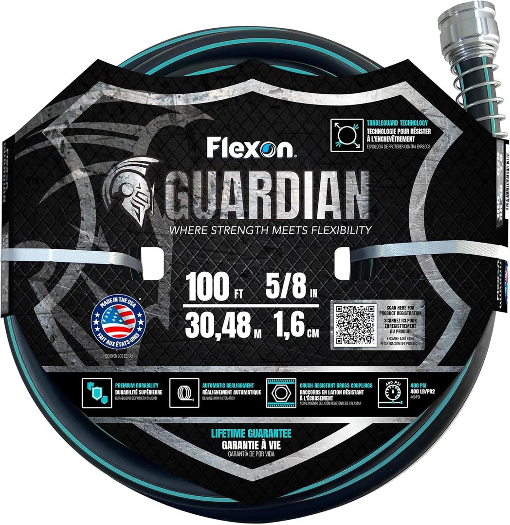 Flexon 5/8" x 100 ft. Guardian Heavy Duty Kink Resistant Garden Hose with TangleGuard Technology  Durable, Flexible, Tangle-Free Watering, Ideal for Lawn, Garden, and Outdoor Use