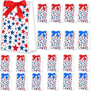 Sweetude 20 Pcs 4th of July Patriotic Gift Bags with Die Cut Handle Clear Plastic July 4th Party Favor Bags 250th Anniversary Decorations Independence Day Blue Red Star Goodie Bag, 7 x 10 x 3.15 in