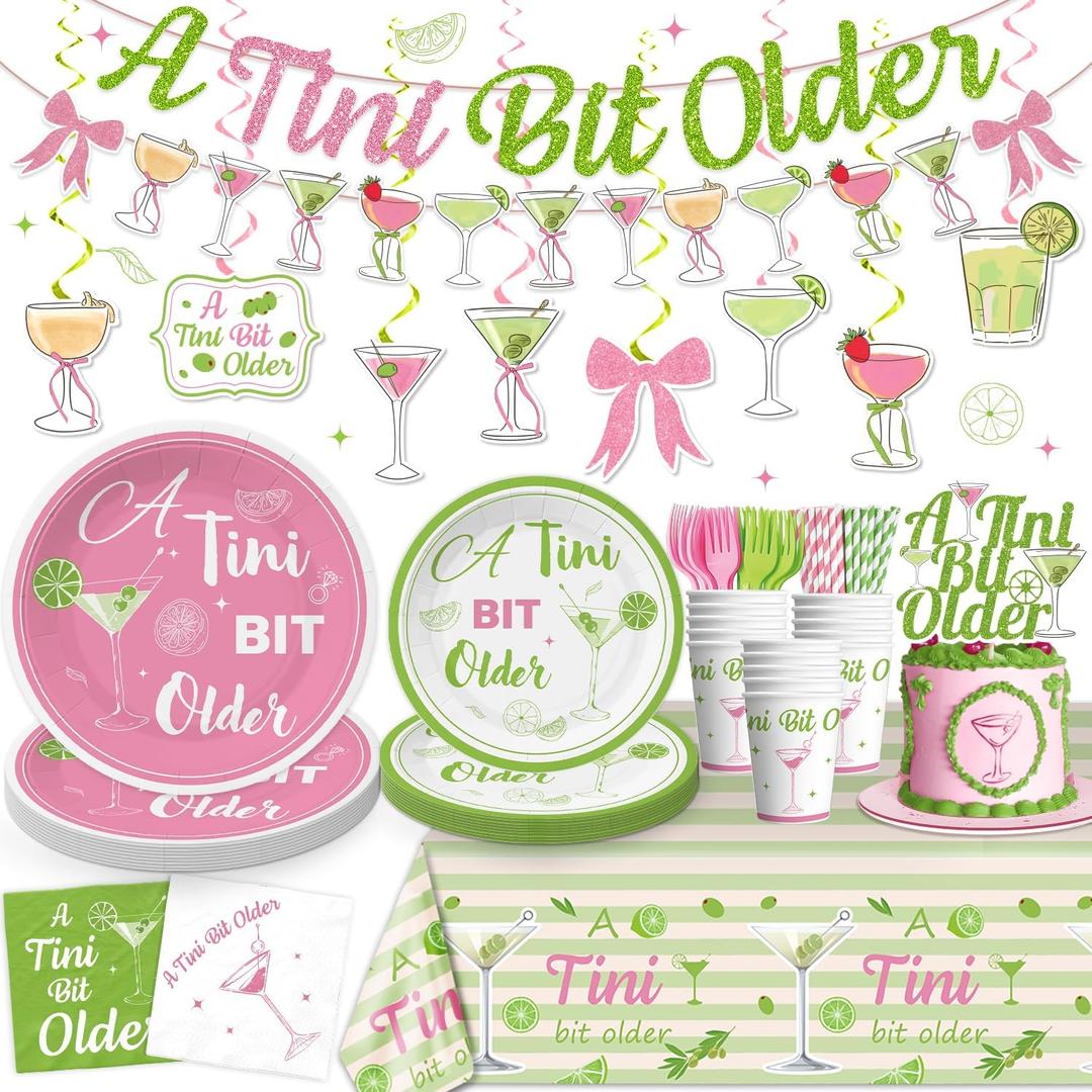 162pcs A Tiny Bit Older Birthday Decorations Include Martini Plates and Napkins Set, Banner, Hanging, Tablecloth, Cake Topper, for Girl Women Birthday Bridal Wedding Baby Shower Decoration Serve 25