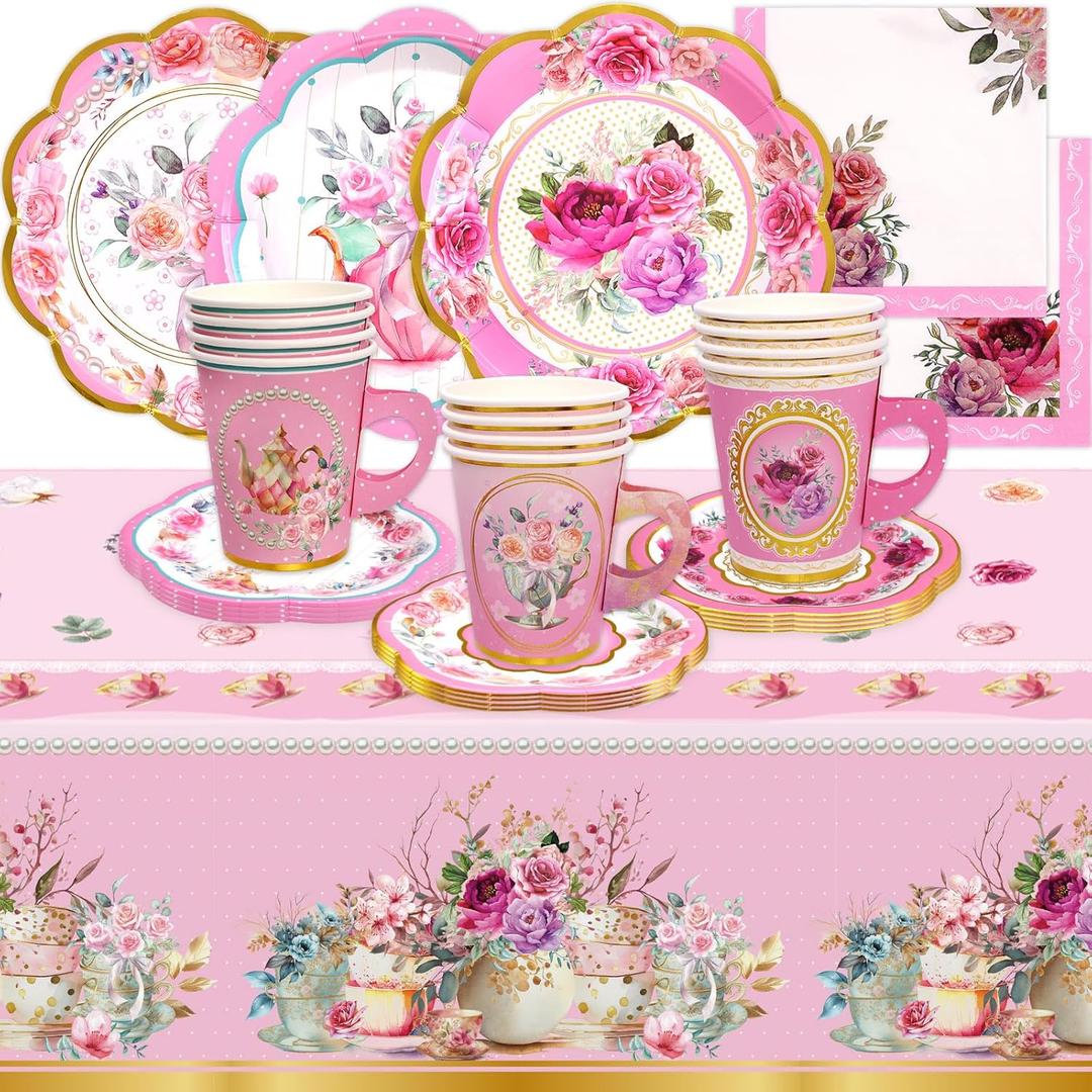 WorldBazaar Tea Party Disposable Tableware Set Pink Tea Party Supplies 12 Sets Floral Paper Tea Cups and Saucers Plates Napkins Tablecloth Pink Birthday Mothers Day Decorations Women Girls Adults