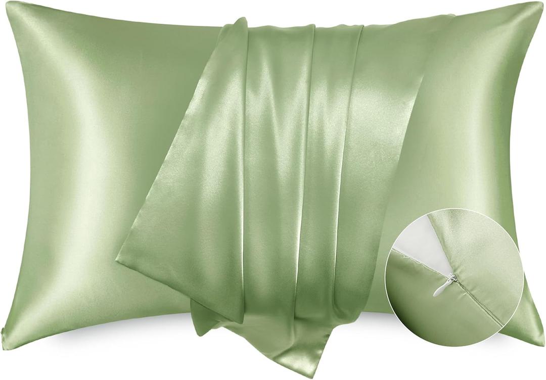Bedsure Satin Pillowcase with Zipper, Similar to Silk Pillow Cases 2 Pack, Satin King Pillow Cases Set of 2, Silky & Soft Pillow Covers for Hair and Skin, Gifts for Women Men, Sage Green, 20x36 Inches