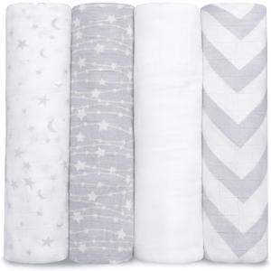 Comfy Cubs Muslin Swaddle Blankets Pack of 4, 47 x 47 Inches, Soft Cotton Baby Blanket Set, Large Multipurpose Swaddling Wraps for Newborns - Self-Soothing Swaddle - Grey