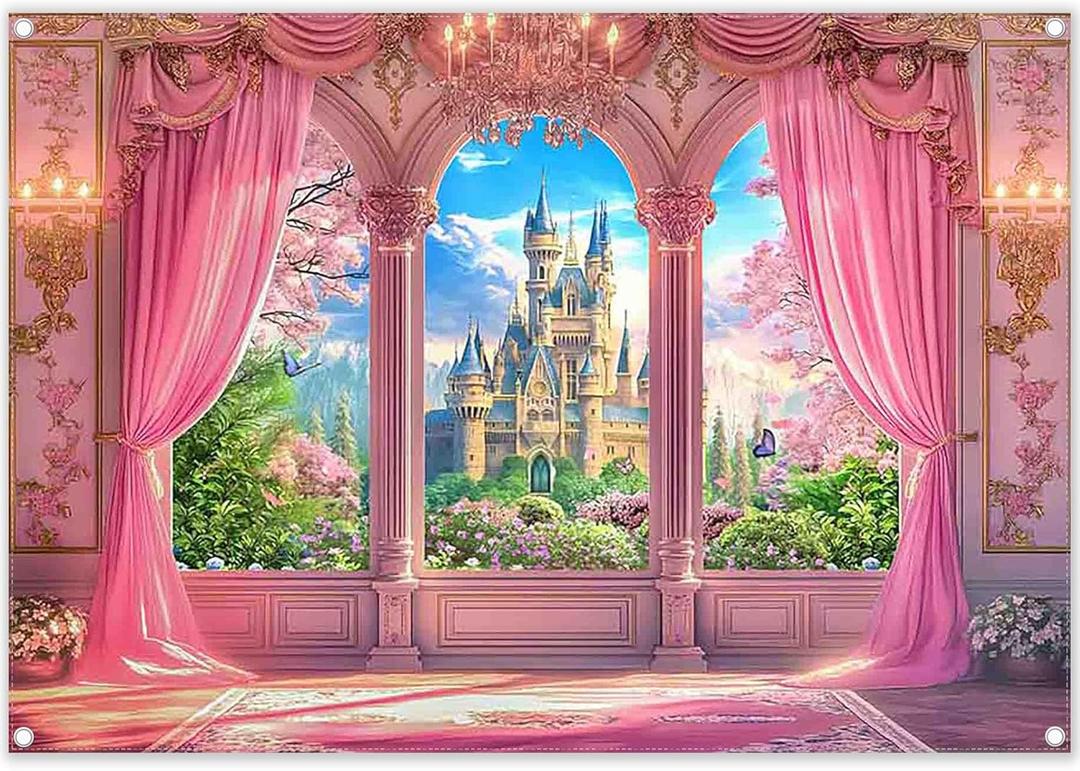 Fabric 7x5ft Pink Curtains Castle Photography Backdrop Window Room Floral Fairy Tale Background Girls Party Decorations Photo Booth Banner Tapestry