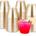 Tobvory 100 Pack Gold Plastic Cups - 9 oz Hard Gold Cups, Premium Disposable Cups For Cocktail And Drinking - Food Grade Party Cups Set - Sturdy Plastic Tumbler Cups For Parties - Gold Glitter