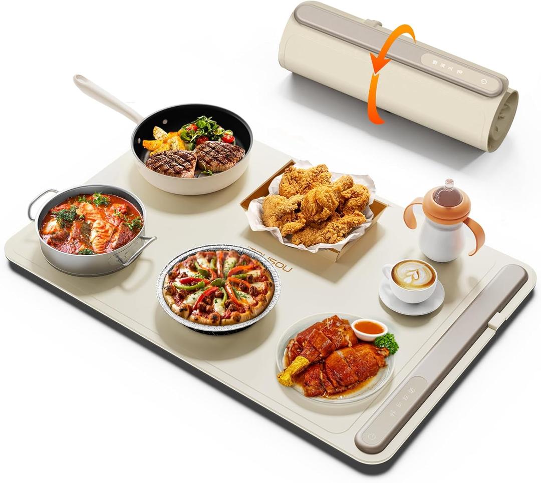 Electric Warming Tray - Full Surface Heating,Rollable & Portable,Premium Silicone Nano-Material,3 Temperature Settings,Auto Shut-Off -Versatile Food Warmer for Gatherings,Parties,Everyday Use (Large, Beige)