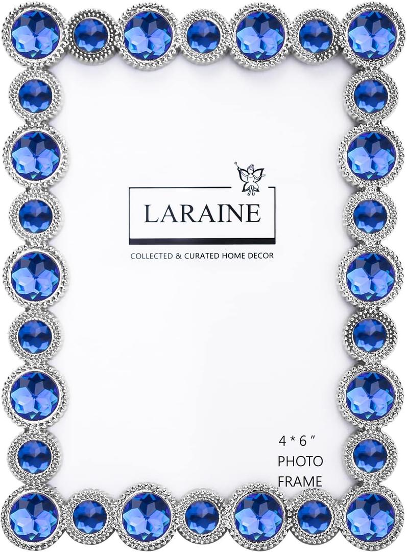 LARAINE Picture Photo Frame 4x6 Rhinestones Metal High Definition Glass Display Pictures for Tabletop Crystal Home Decorative Holiday Gift (Blue, 4x6)