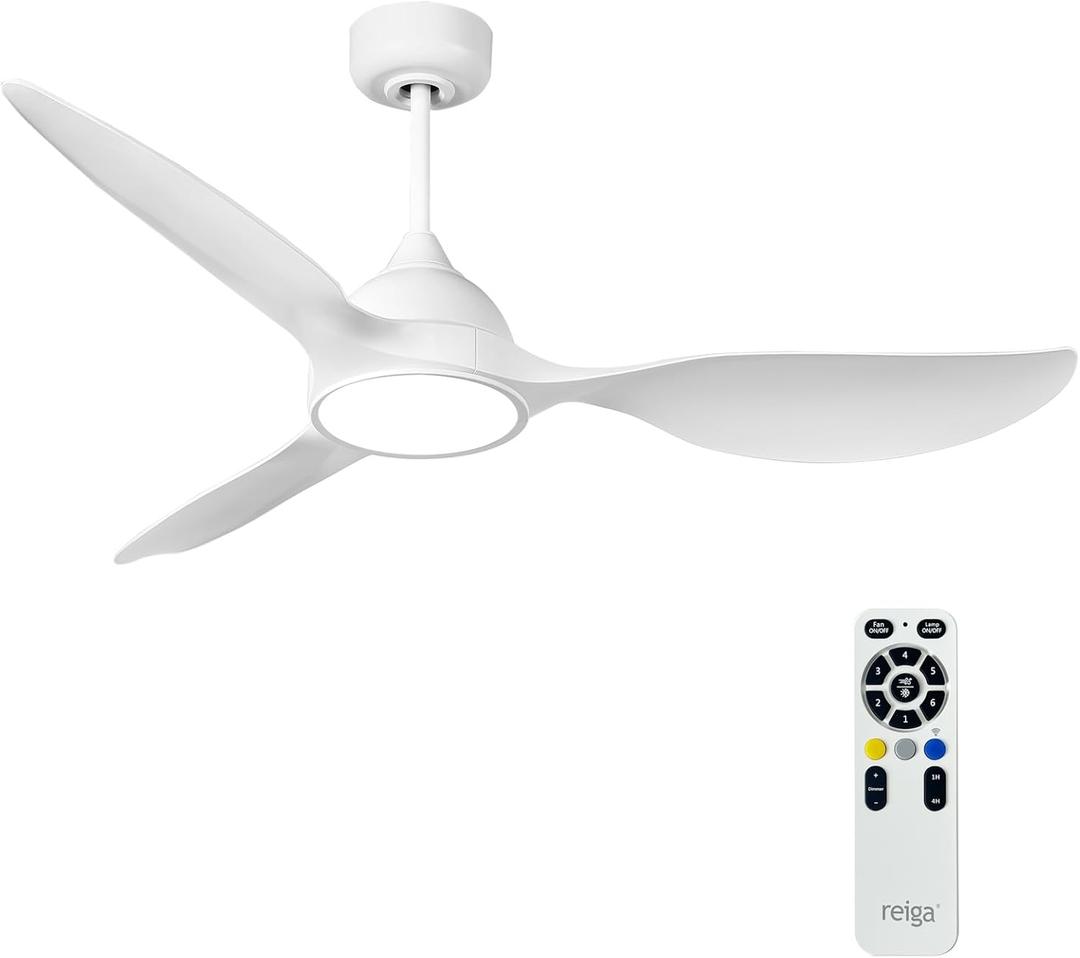 reiga 52 inch Ceiling Fans with Remote Control and Led Lights, Modern Quiet Reversible DC Motor Fan, 3 Blade High Flow for Living Room Bedroom, White