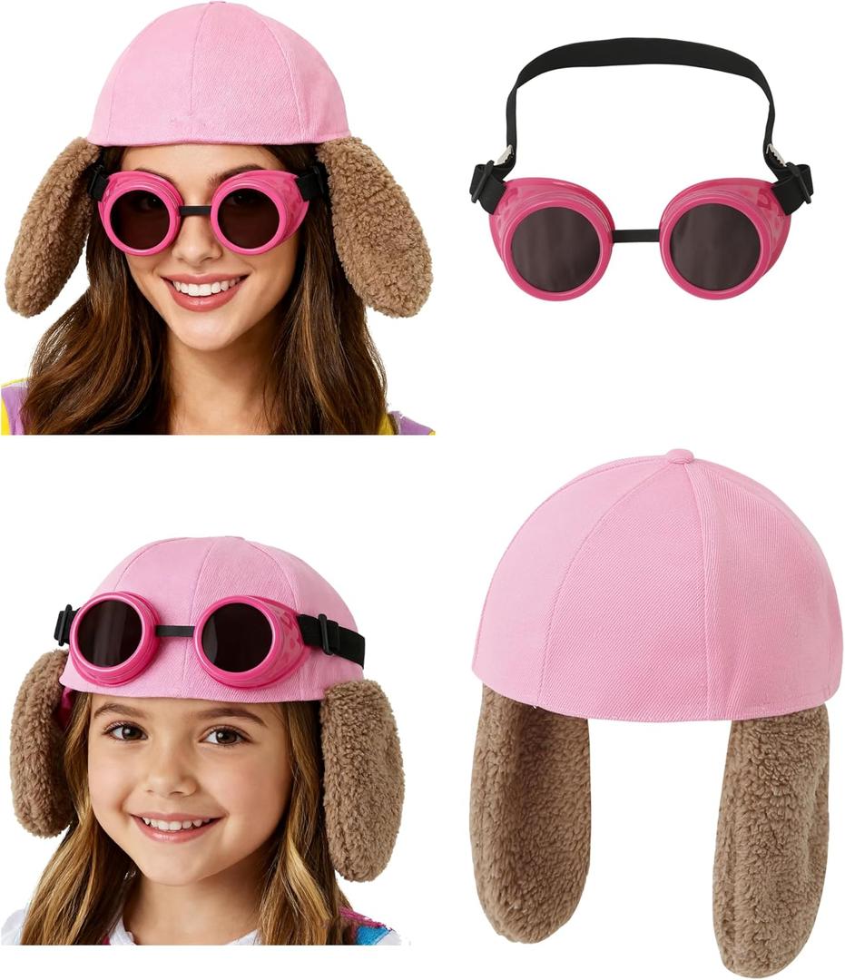 2 x Adult Women Kids Girls Dog Hero Police Cap With Ears Pink Steampunk Goggles For Book Day Dress Up Accessories